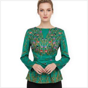 Travona Italy Vintage Green Colorful Floral Wrap Tie Waist Top Blouse Retro 44